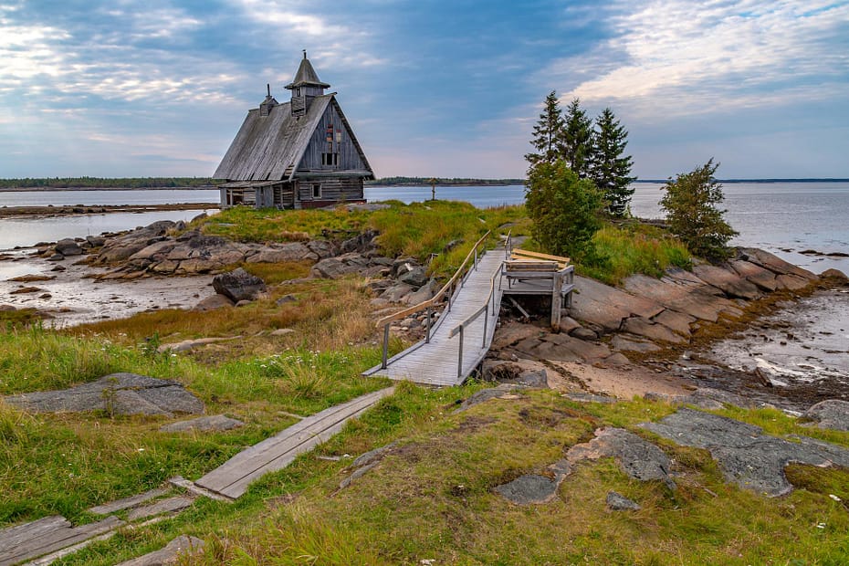 scenic view of rustic chapel in ruskeala